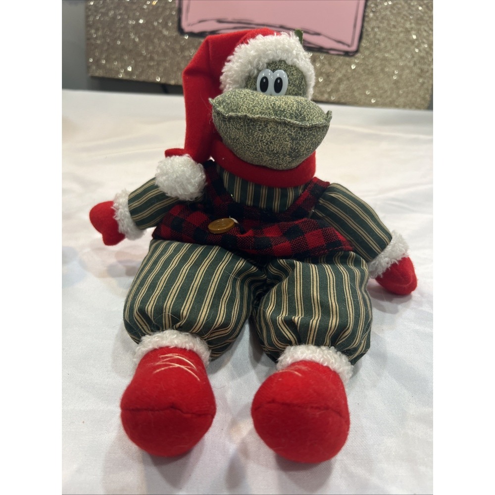 Vintage Sterling Inc Plush Christmas Frog in Santa Hat Overalls